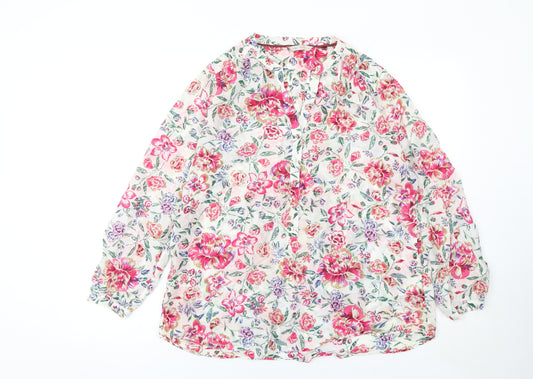 Marks and Spencer Womens Floral Blouse Pink UK 14 Silk Cotton Long Sleeve