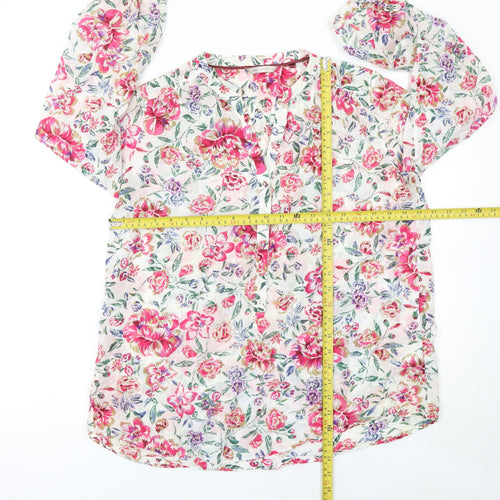 Marks and Spencer Womens Floral Blouse Pink UK 14 Silk Cotton Long Sleeve