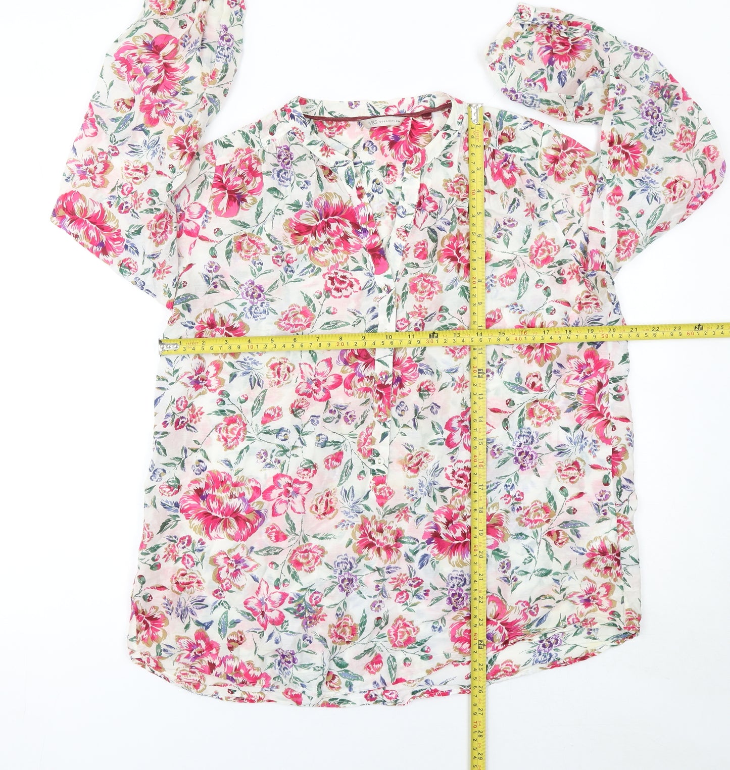 Marks and Spencer Womens Floral Blouse Pink UK 14 Silk Cotton Long Sleeve