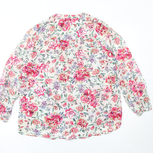 Marks and Spencer Womens Floral Blouse Pink UK 14 Silk Cotton Long Sleeve