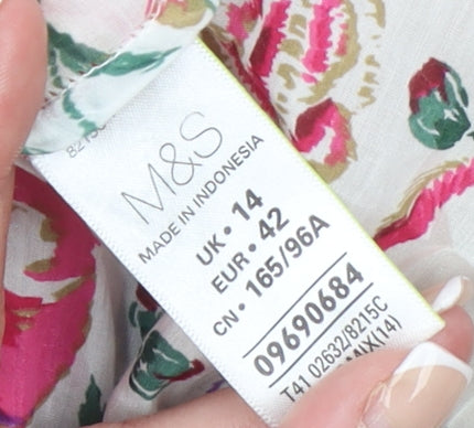 Marks and Spencer Womens Floral Blouse Pink UK 14 Silk Cotton Long Sleeve