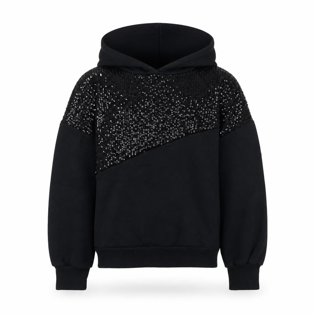 Front view of Zara girls’ black sequin pullover hoodie 7 years cotton blend