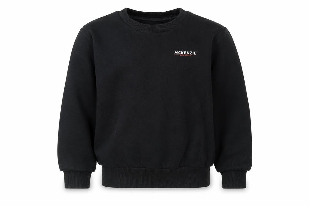 Front view of McKenzie boys’ black crew neck pullover sweatshirt 5-6 years