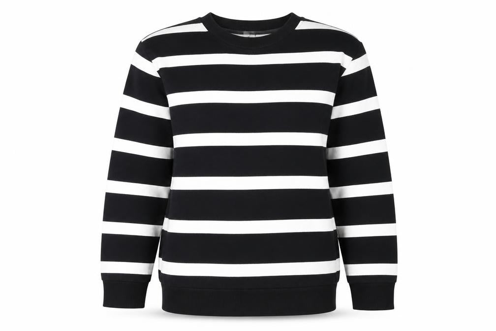 Front view of H&M MAMA Women's Black White Striped Pullover Sweatshirt, size S
