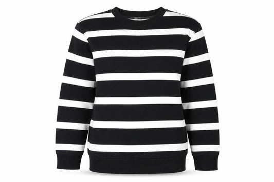 Front view of H&M MAMA Women's Black White Striped Pullover Sweatshirt, size S