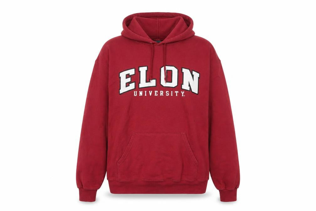 Front view of Champion Women’s Red Pullover Hoodie Medium Elon University Logo