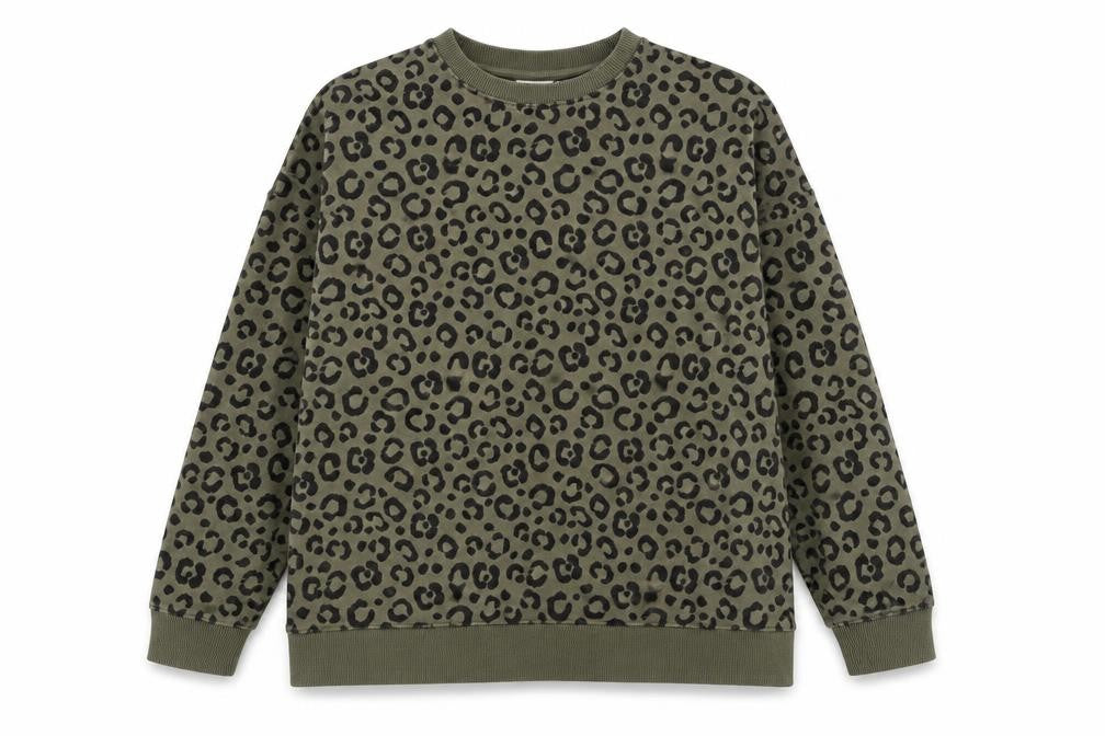 Front view of JoJo Maman Bébé Women's Green Leopard Print Cotton Sweatshirt, size M