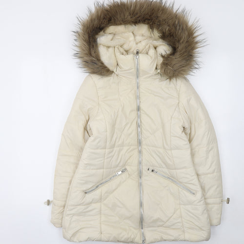 Boohoo Womens Ivory Faux Fur Hooded Puffer Jacket Size 10