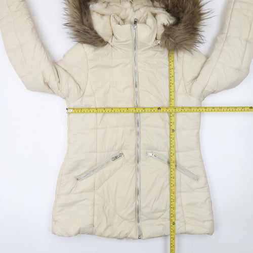 Boohoo Womens Ivory Faux Fur Hooded Puffer Jacket Size 10