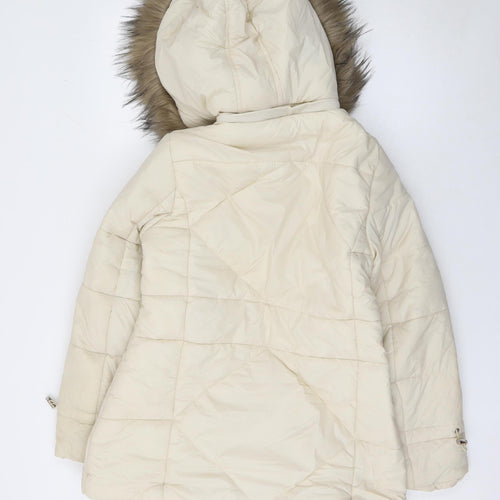 Boohoo Womens Ivory Faux Fur Hooded Puffer Jacket Size 10