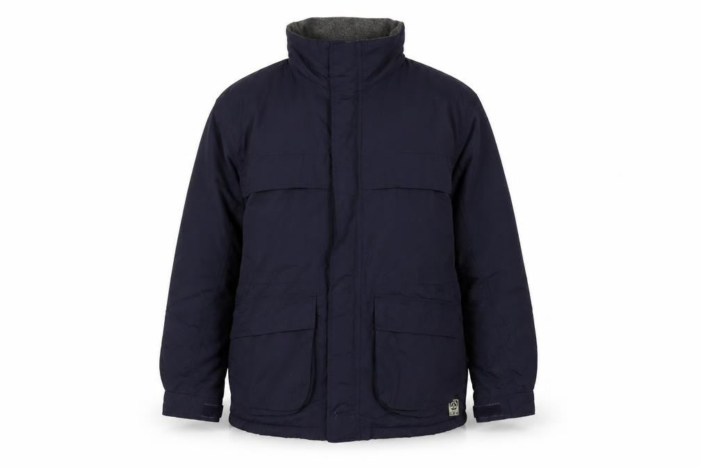 Front view of BHS men’s blue nylon parka jacket m hooded lined winter coat