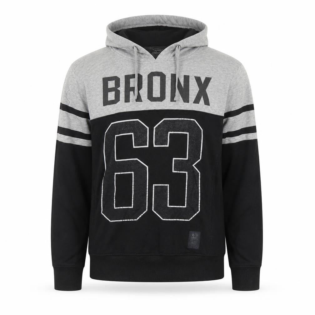Front view of Crosshatch Men's Grey Black Pullover Hoodie Medium Bronx 63 Graphic