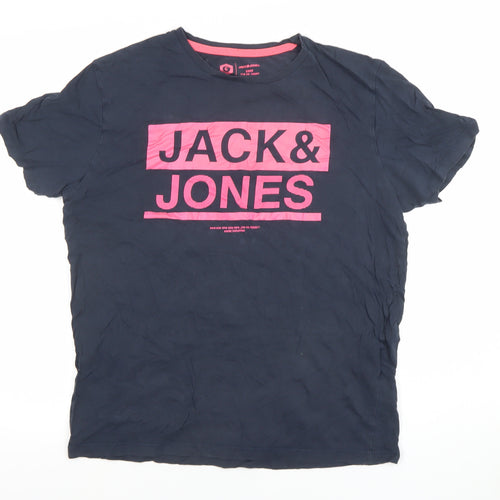 Jack & Jones Men's Navy Blue Graphic Print T-Shirt Size M Cotton