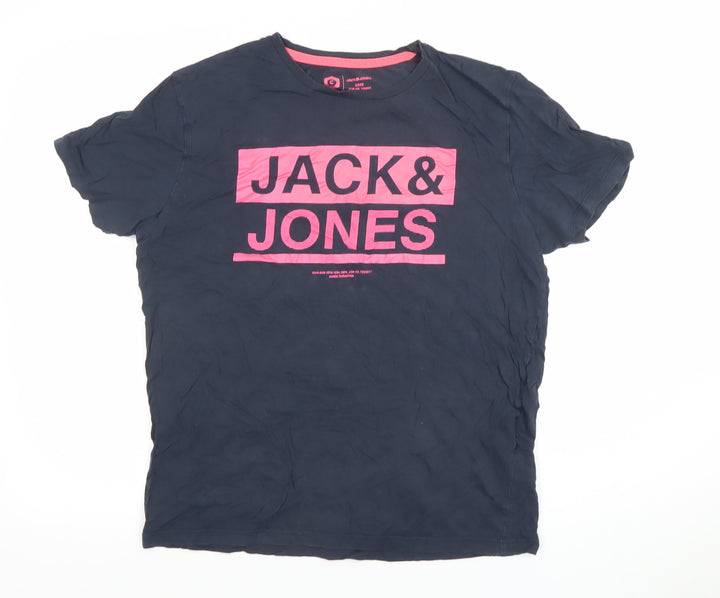 Jack & Jones Men's Navy Blue Graphic Print T-Shirt Size M Cotton