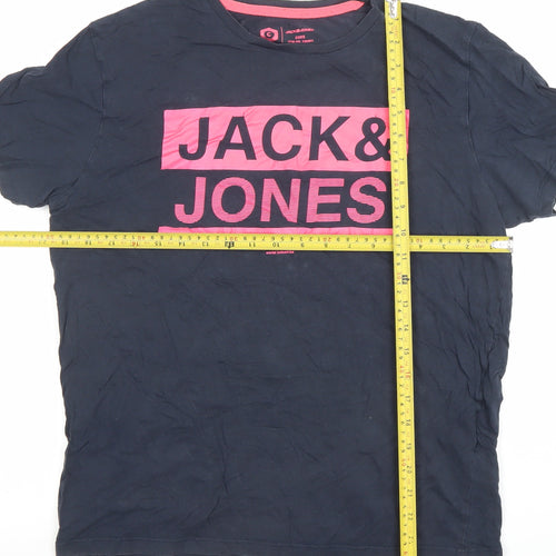 Jack & Jones Men's Navy Blue Graphic Print T-Shirt Size M Cotton