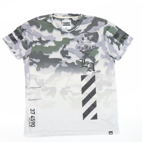 Fabric Mens Camouflage Graphic Print Crew Neck T-Shirt Green Grey Size L