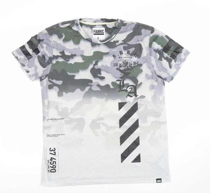 Fabric Mens Camouflage Graphic Print Crew Neck T-Shirt Green Grey Size L