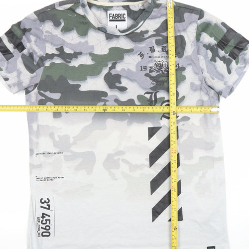 Fabric Mens Camouflage Graphic Print Crew Neck T-Shirt Green Grey Size L