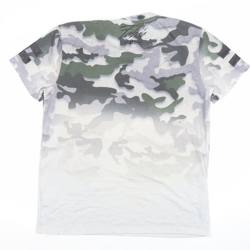 Fabric Mens Camouflage Graphic Print Crew Neck T-Shirt Green Grey Size L