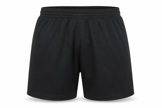 Front view of Umbro boys’ black 12 years athletic football shorts 100% polyester