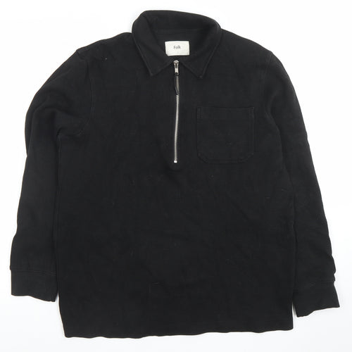 Folk Men's Black Long Sleeve 1/4 Zip Cotton Polo Shirt Size M