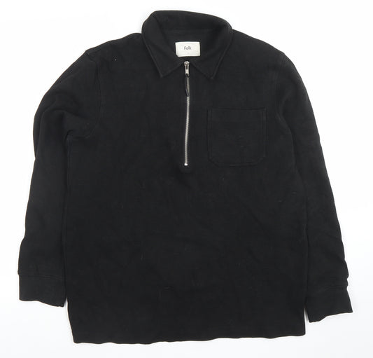Folk Men's Black Long Sleeve 1/4 Zip Cotton Polo Shirt Size M