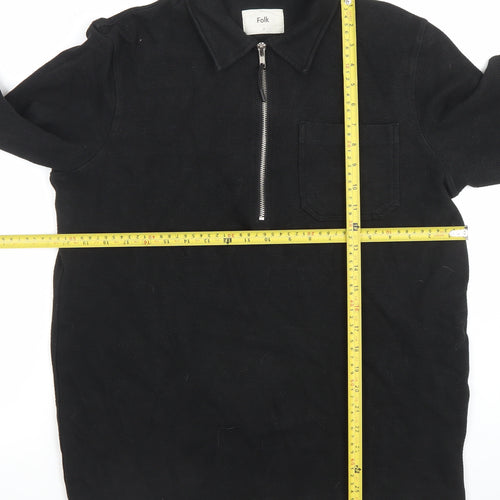 Folk Men's Black Long Sleeve 1/4 Zip Cotton Polo Shirt Size M