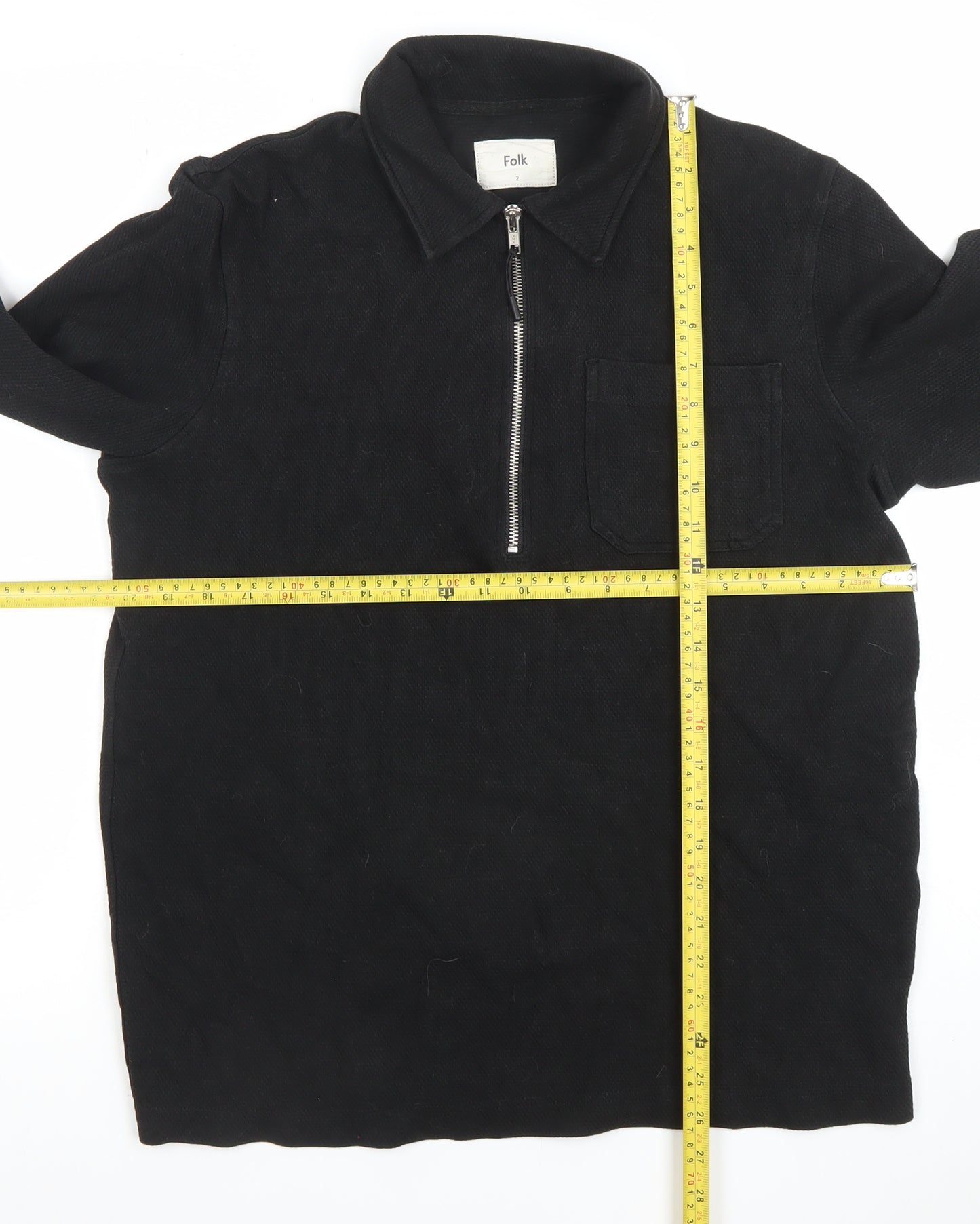 Folk Men's Black Long Sleeve 1/4 Zip Cotton Polo Shirt Size M