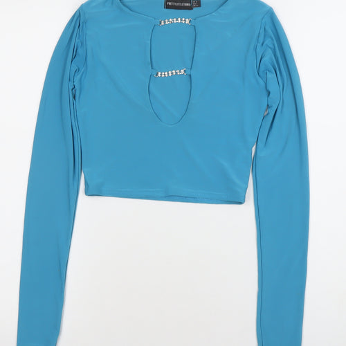 PrettyLittleThing Women's Blue Cropped Long Sleeve Beaded Top Size 6