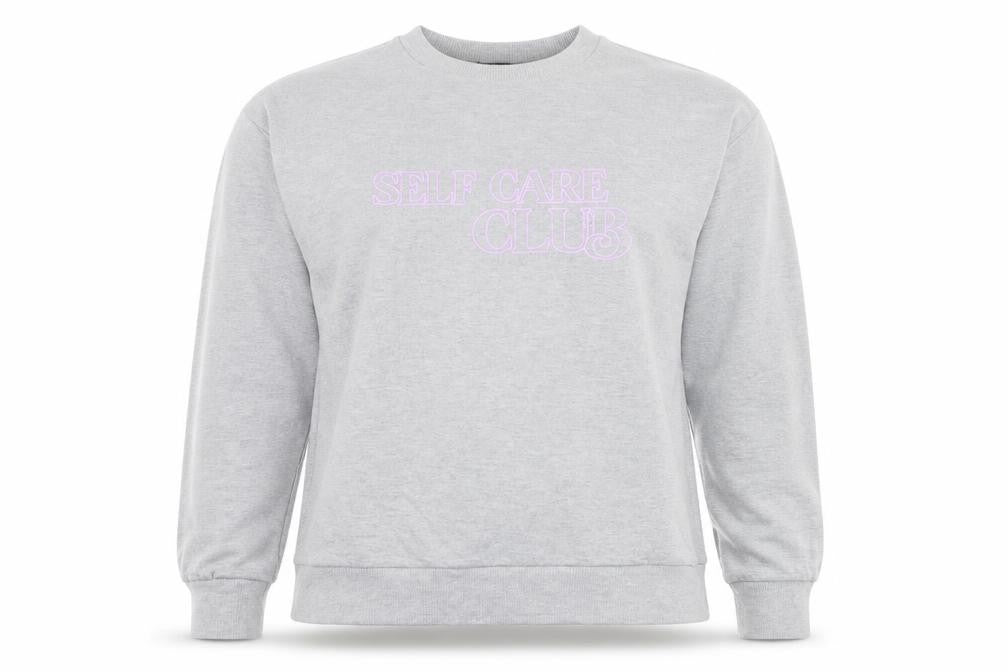 Front view of Boohoo Women Grey Self Care Club Sweatshirt L Crew Neck Pullover