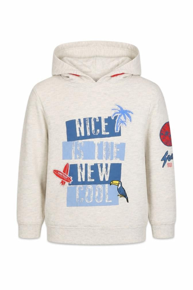 Front view of Primark boys’ beige pullover hoodie 7-8 years graphic print cotton blend
