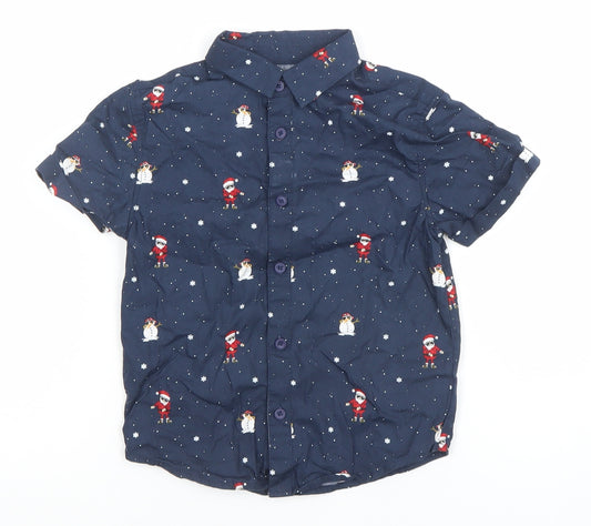 Primark Boys Blue Christmas Snowman Button-Up Shirt 3-4 Years
