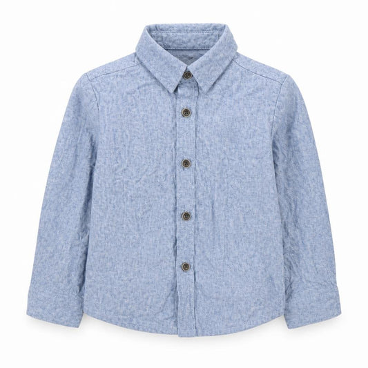 Front view of Primark unisex baby blue cotton button-up long sleeve shirt 18-24 months