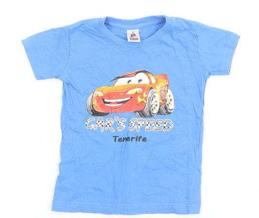 Front view of Texmania boys’ blue cars graphic cotton t-shirt 0-3 months