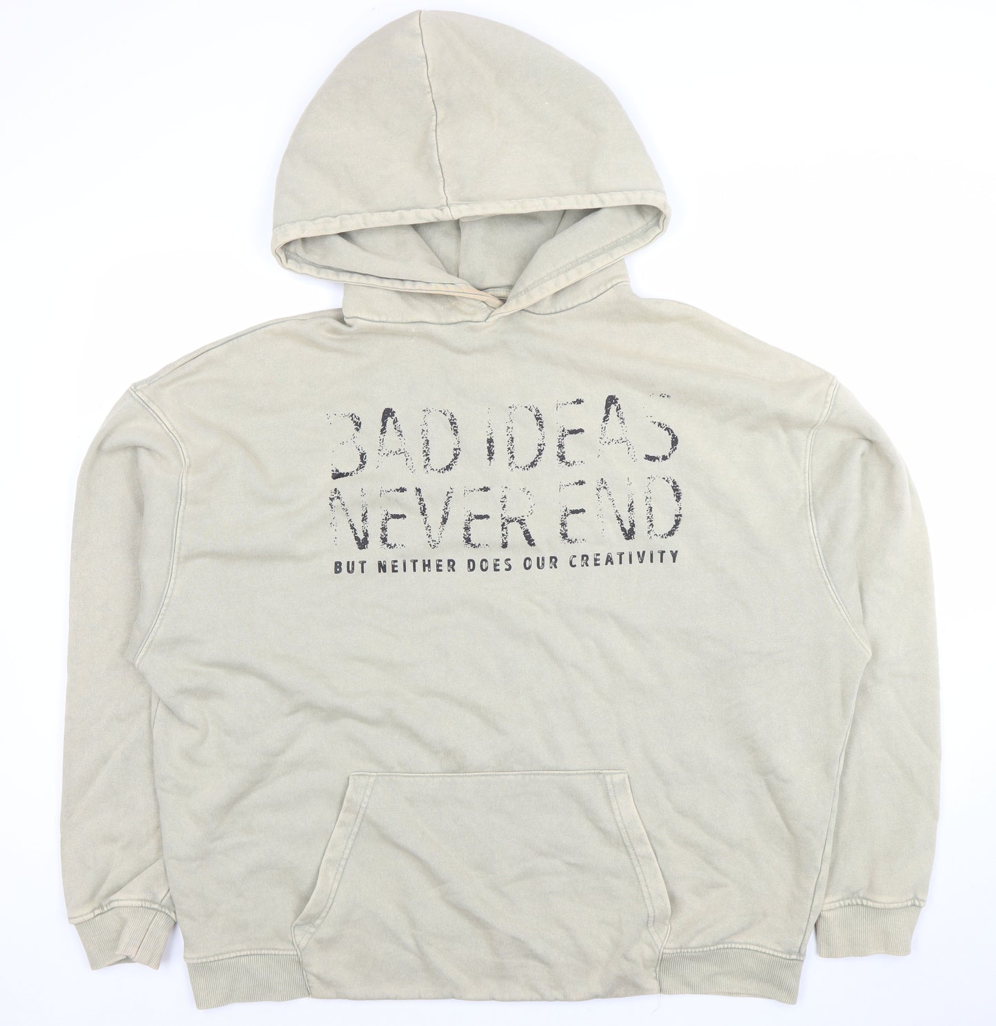Pull & Bear Women Beige Pullover Hoodie L Graphic Cotton Blend