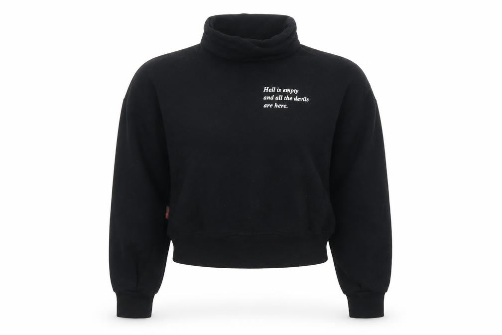 Front view of PLNY LALA women’s black xs pullover sweatshirt with quote print