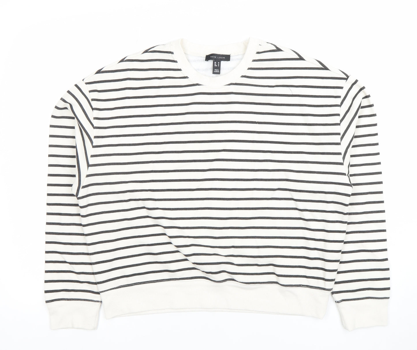 New Look Women White Black Striped Crew Neck Pullover Sweatshirt Size M