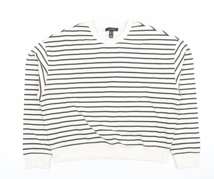 New Look Women White Black Striped Crew Neck Pullover Sweatshirt Size M