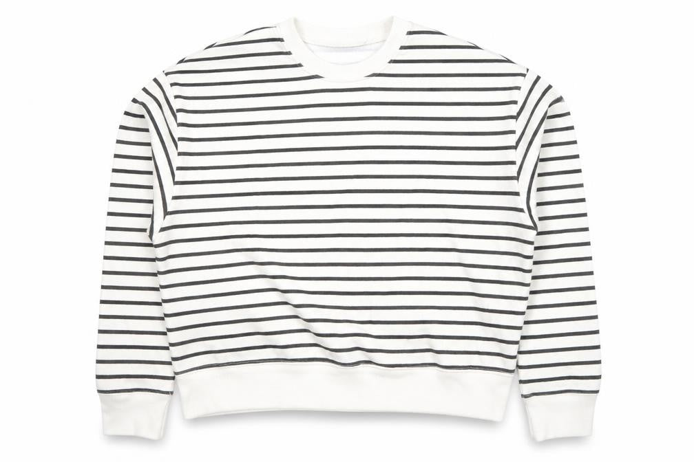 Front view of New Look Women White Black Striped Crew Neck Pullover Sweatshirt, size M