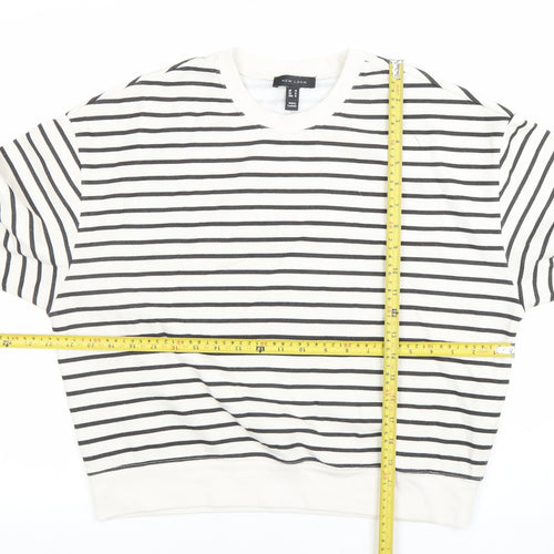 New Look Women White Black Striped Crew Neck Pullover Sweatshirt Size M
