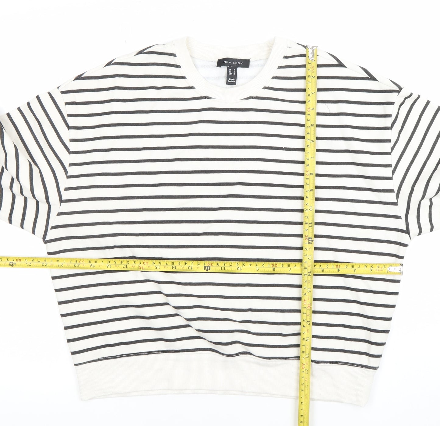New Look Women White Black Striped Crew Neck Pullover Sweatshirt Size M