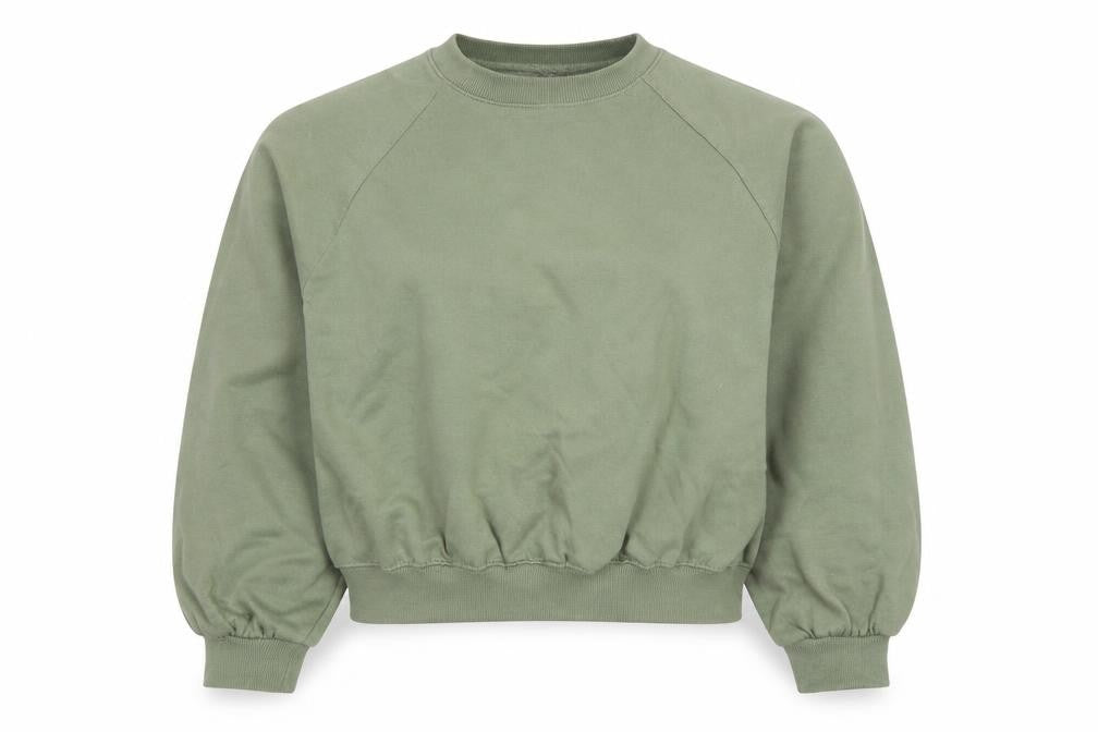 Front view of Zara women’s green crew neck pullover sweatshirt, size UK 8, cotton blend