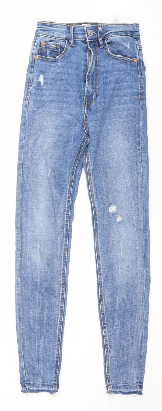 Stradivarius Women Blue Skinny Super High Waist Distressed Jeans UK 4