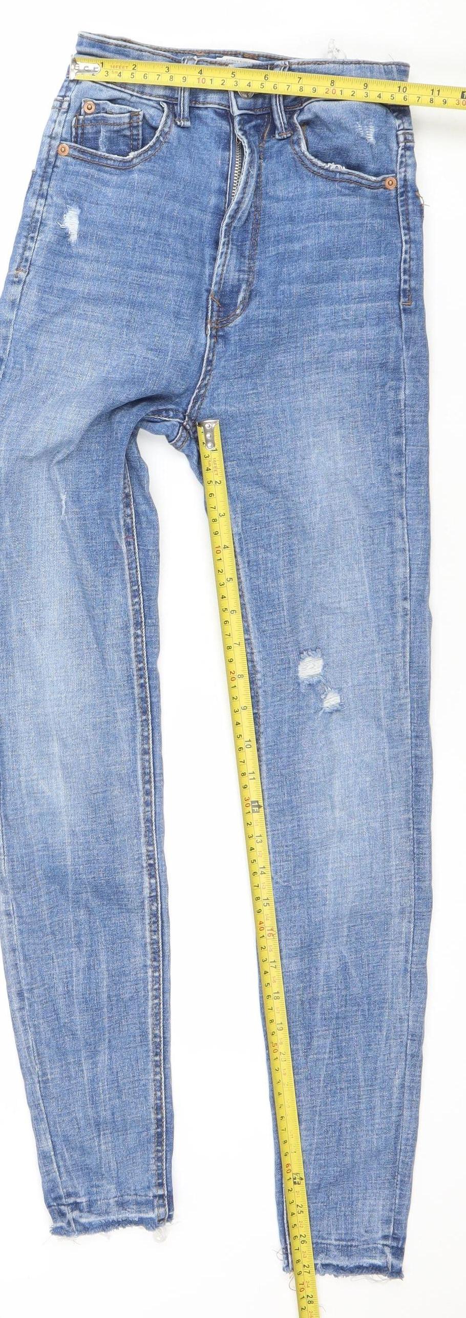 Stradivarius Women Blue Skinny Super High Waist Distressed Jeans UK 4