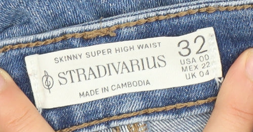 Stradivarius Women Blue Skinny Super High Waist Distressed Jeans UK 4