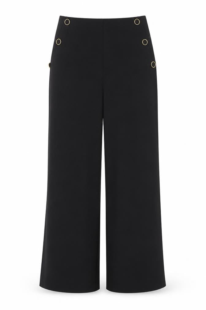 F&F Women Black UK 12 Cropped Trousers Elastic Waist Gold Rings