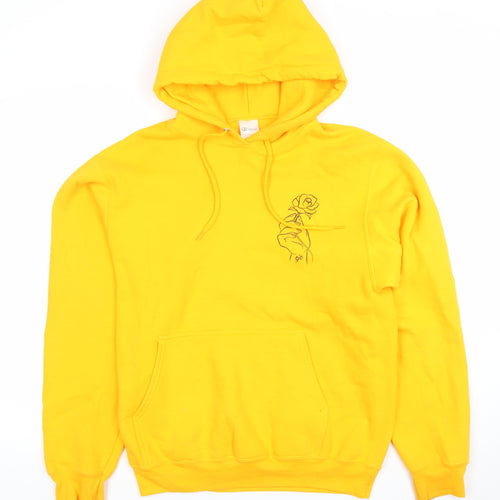 ATC Mens Yellow Pullover Hoodie S Graphic Rose Print Fleece