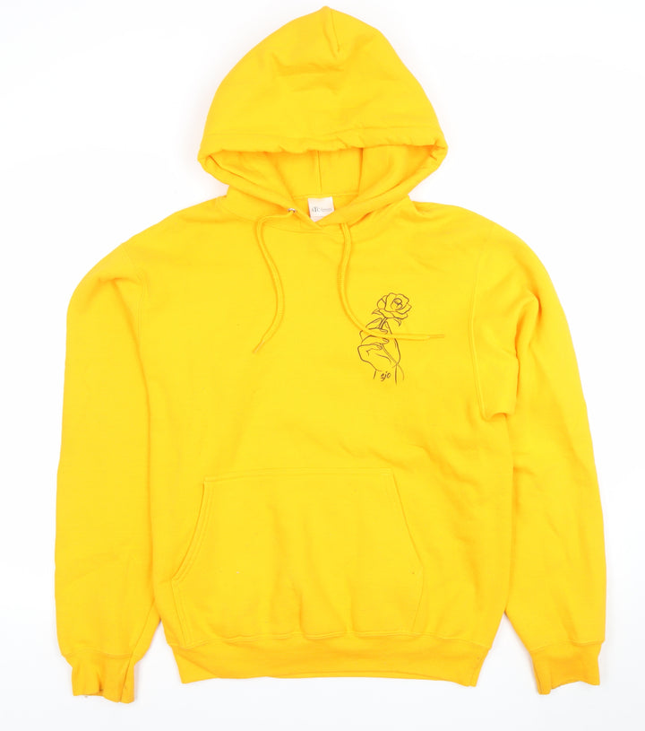 ATC Mens Yellow Pullover Hoodie S Graphic Rose Print Fleece