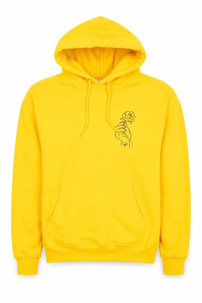 Front view of ATC men’s yellow pullover hoodie s graphic rose print fleece