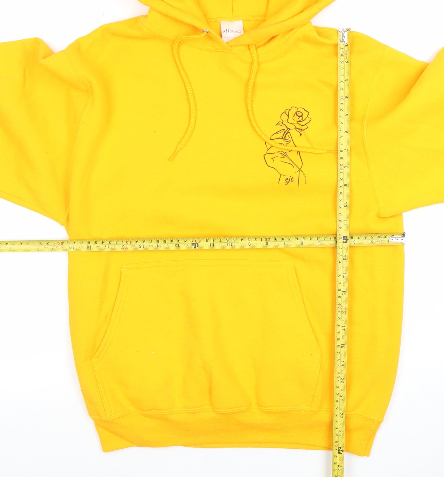 ATC Mens Yellow Pullover Hoodie S Graphic Rose Print Fleece